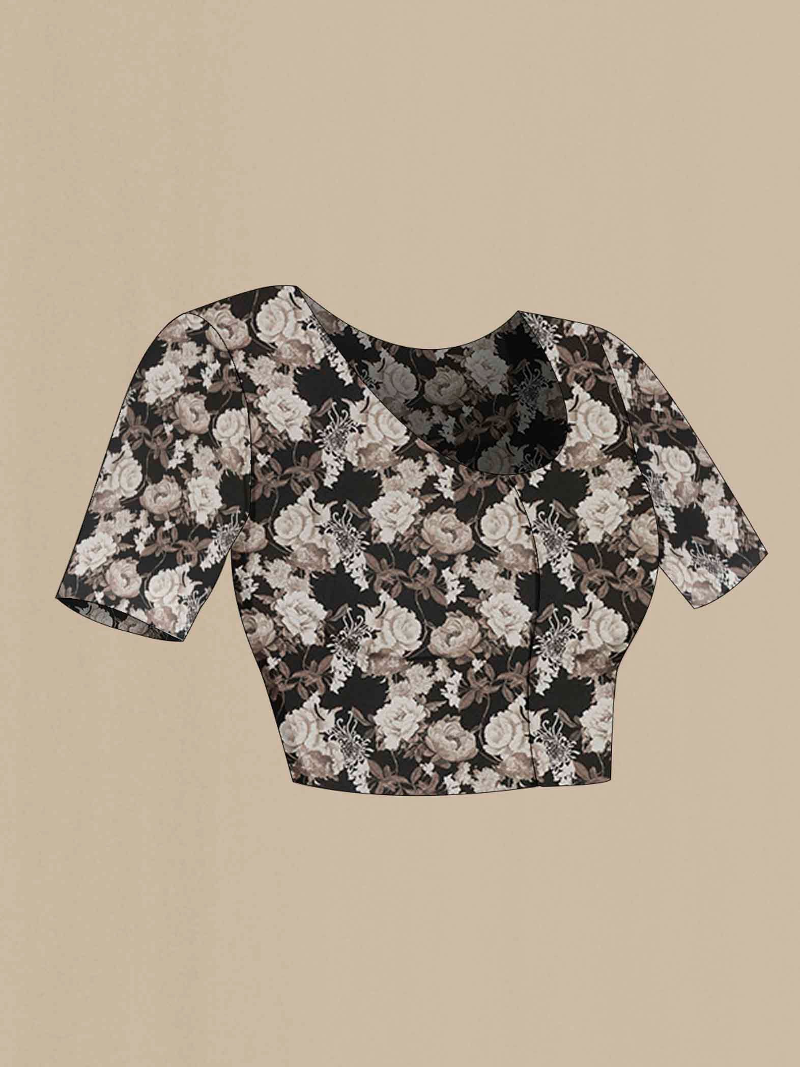 Close up image of the blouse of Black Mysore Crepe Saree with Floral Print on the body and Without Border