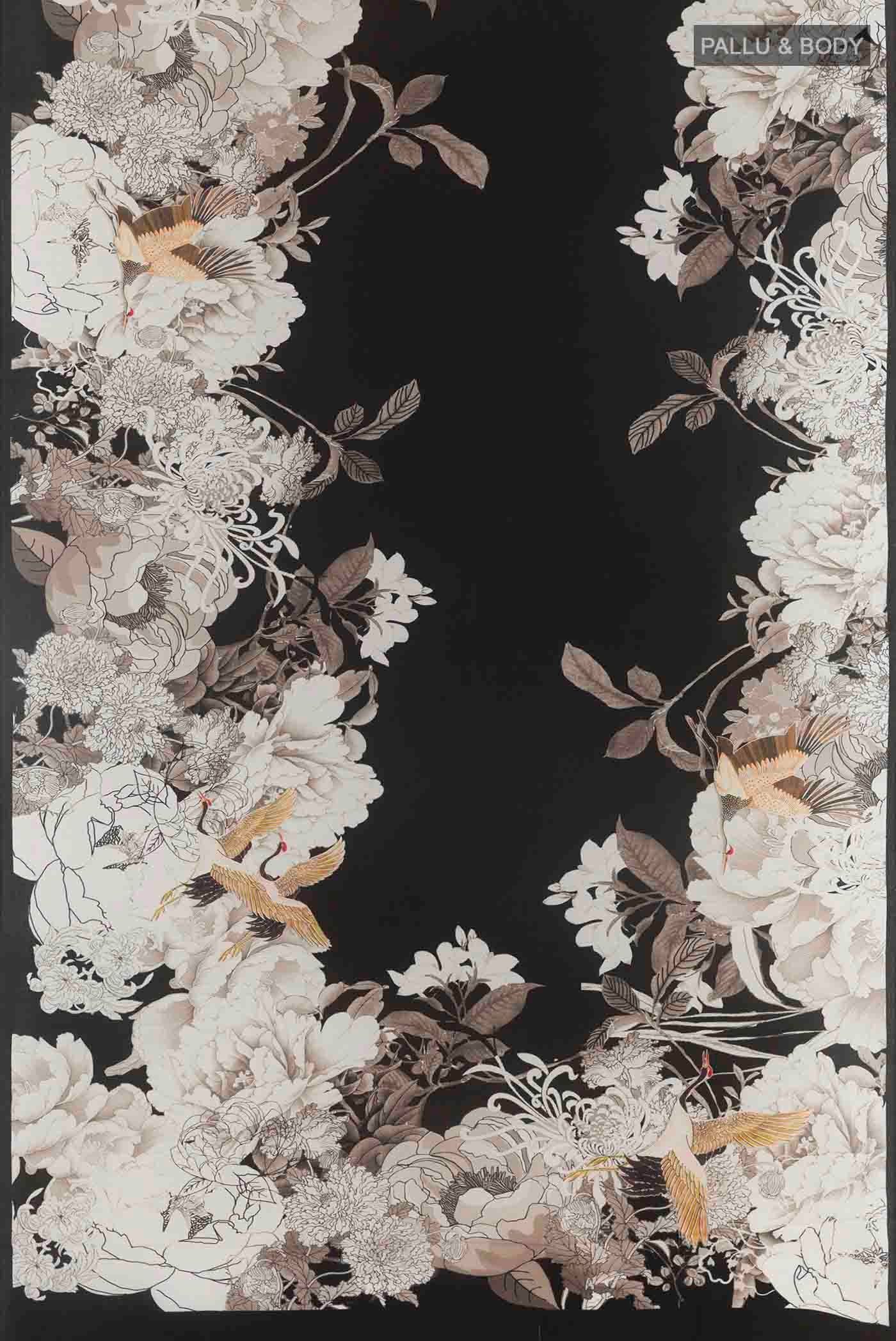 Flat view of Black Mysore Crepe Saree with Floral Print on the body and Without Border