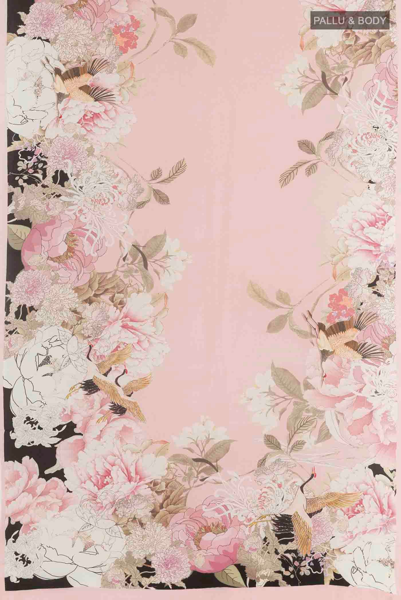 Flat view of Rose pink Mysore Crepe Saree with Floral Print on the body and Without Border