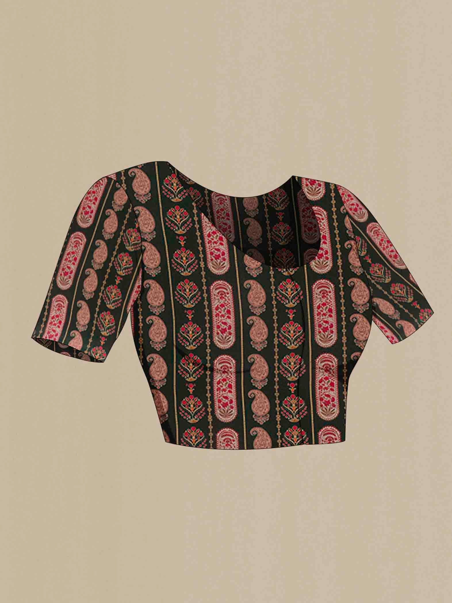Close up image of the blouse of Bottle Green Mysore Crepe Saree with Printed design on the body and Printed Border