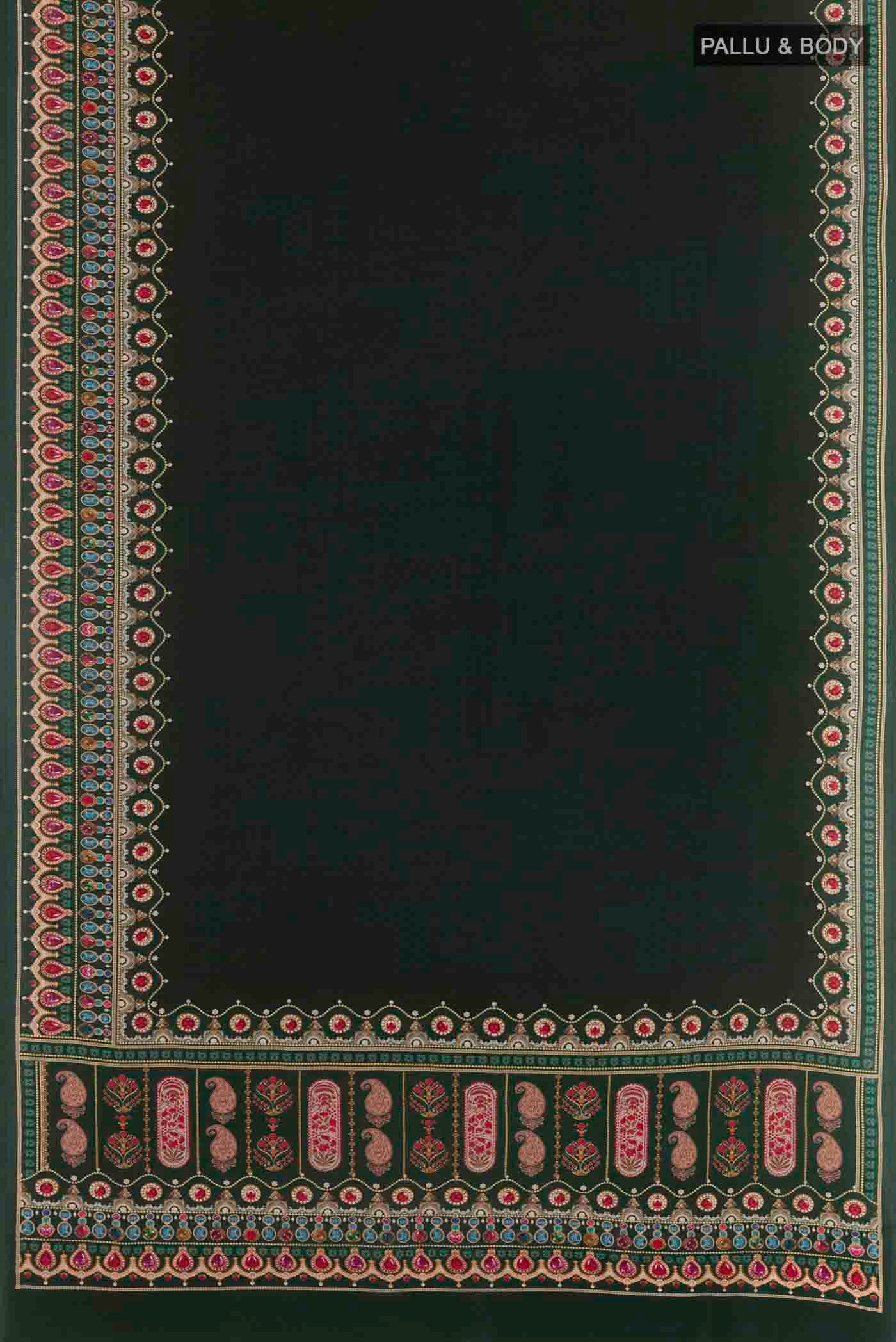 Flat view of Bottle Green Mysore Crepe Saree with Printed design on the body and Printed Border