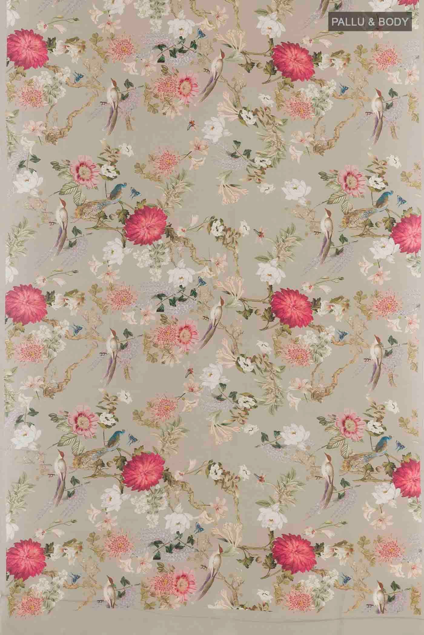 Flat view of Grey Mysore Crepe Saree with Floral Print on the body and Without Border