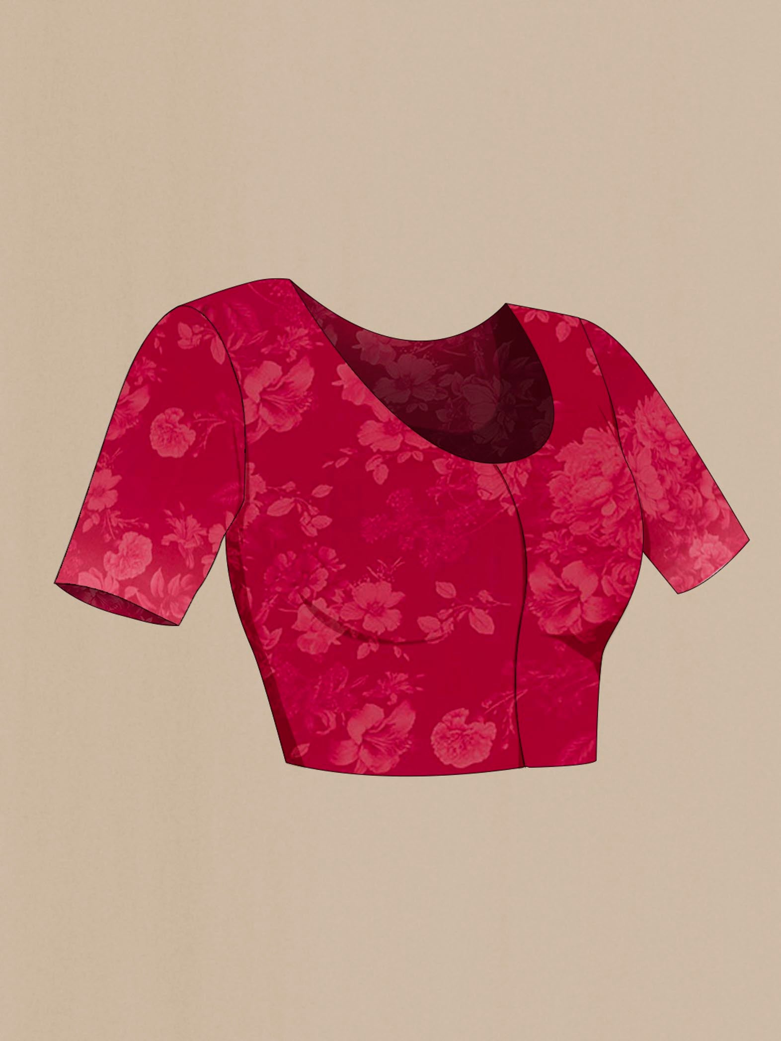 Close up image of the blouse of Maroon Mysore Crepe Saree with Floral Print on the body and Without Border