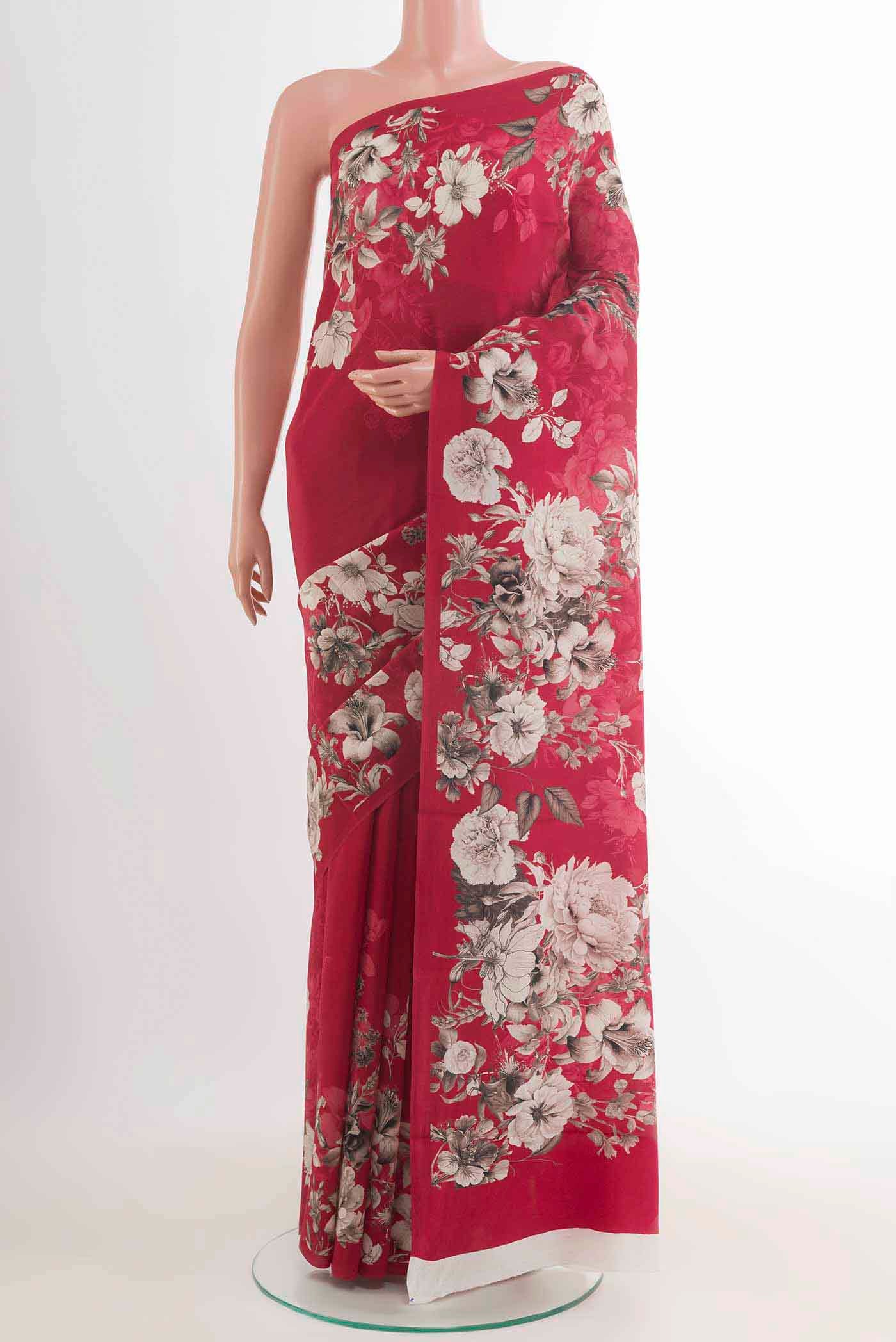 Maroon Mysore Crepe Saree with Floral Print on the body and Without Border displayed on a mannequin