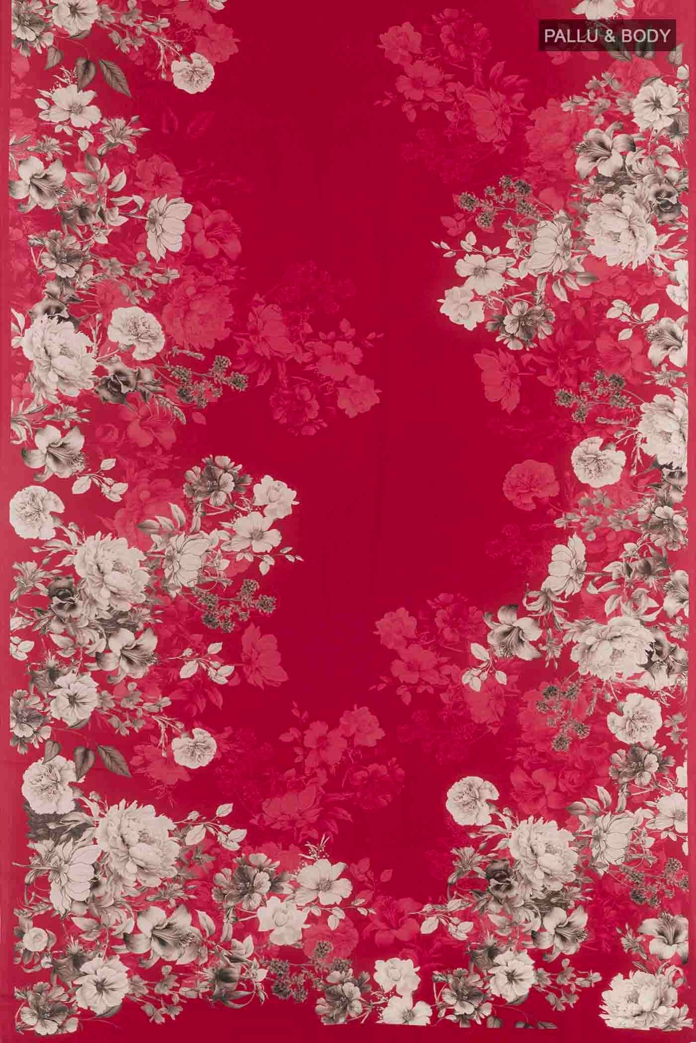 Flat view of Maroon Mysore Crepe Saree with Floral Print on the body and Without Border