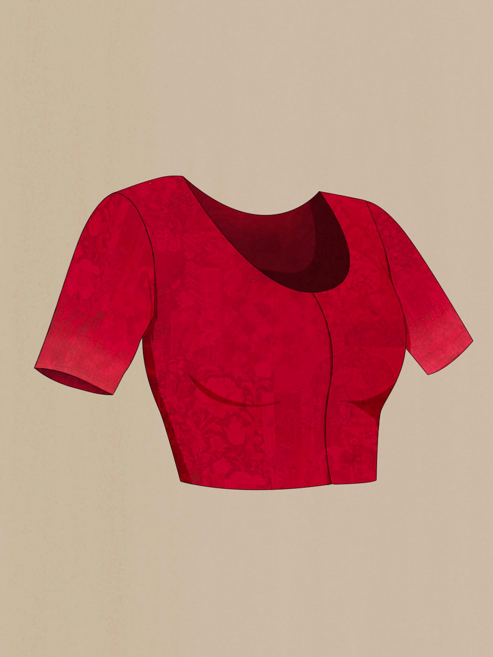 Close up image of the blouse of Red Mysore Crepe Saree with Floral Print on the body and Plain Border