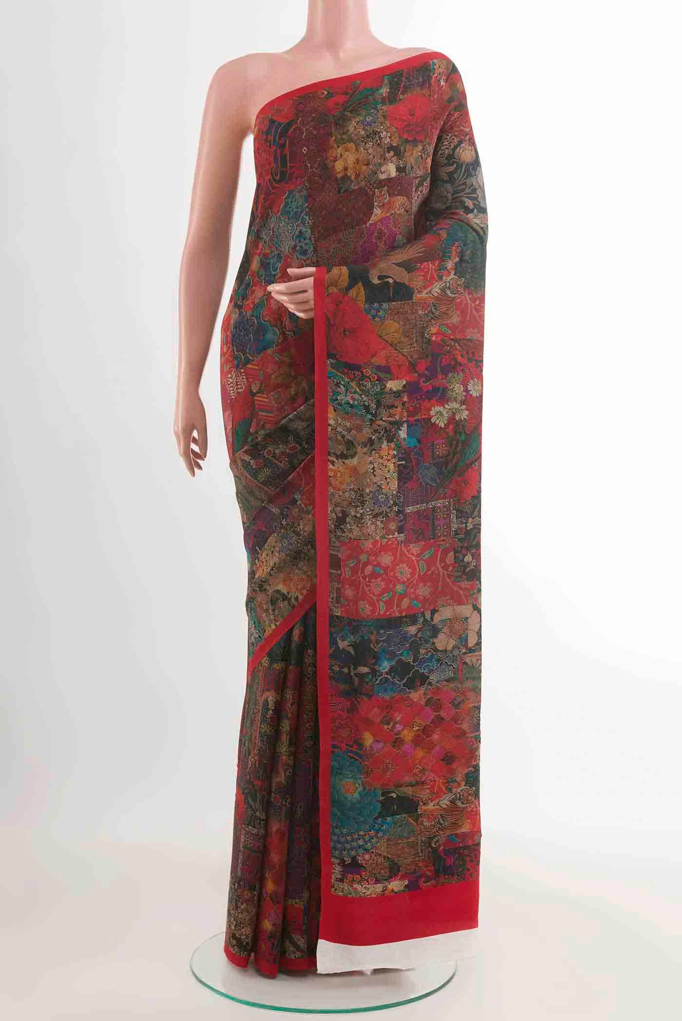 Red Mysore Crepe Saree with Floral Print on the body and Plain Border displayed on a mannequin