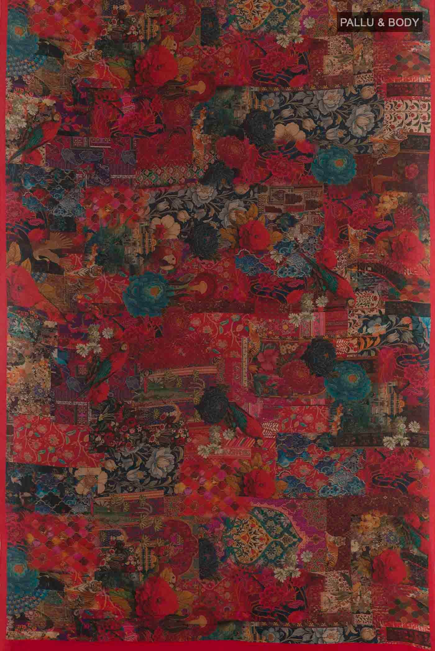 Flat view of Red Mysore Crepe Saree with Floral Print on the body and Plain Border