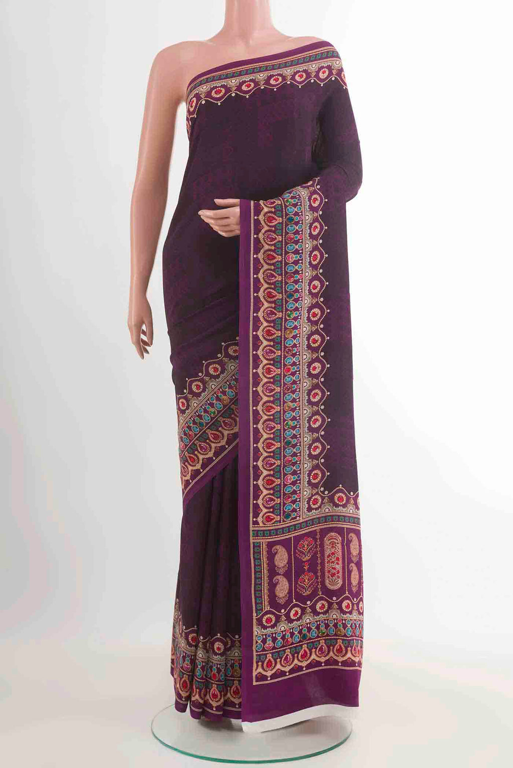 Purple Crepe Saree with Printed design on the body and Plain Border displayed on a mannequin