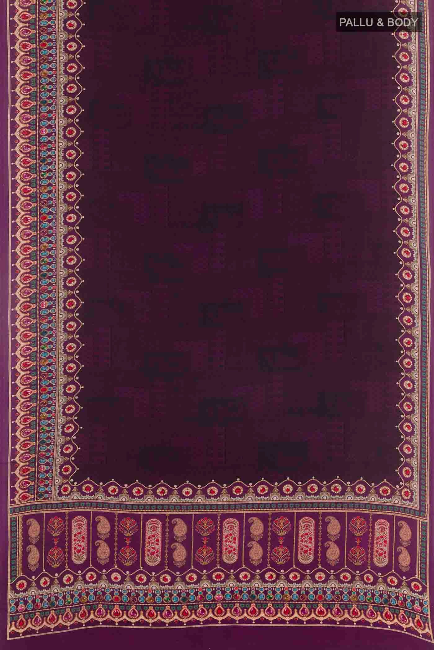 Flat view of Purple Crepe Saree with Printed design on the body and Plain Border