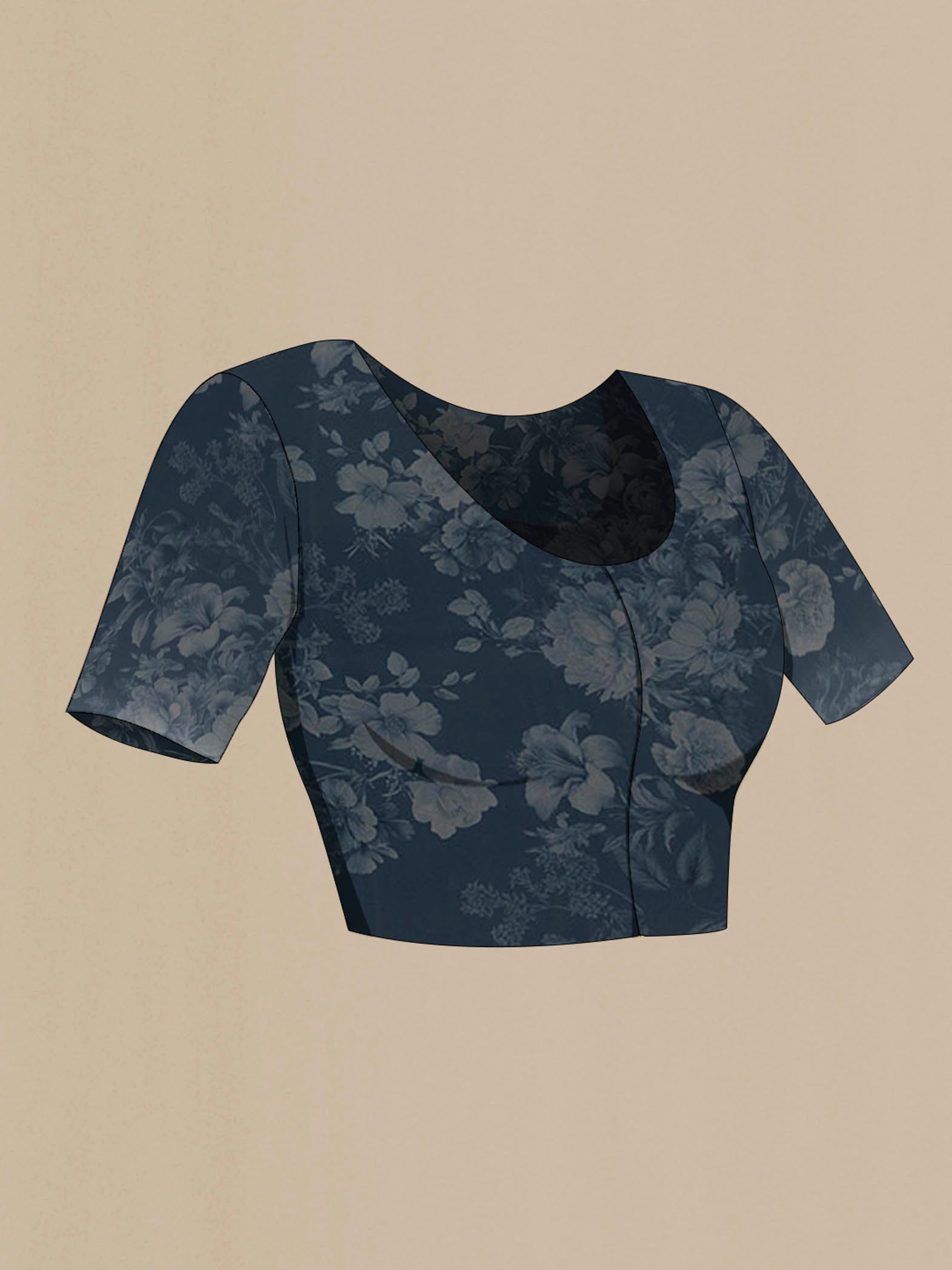 Close up image of the blouse of Blue Mysore Crepe Saree with Floral Print on the body and Without Border