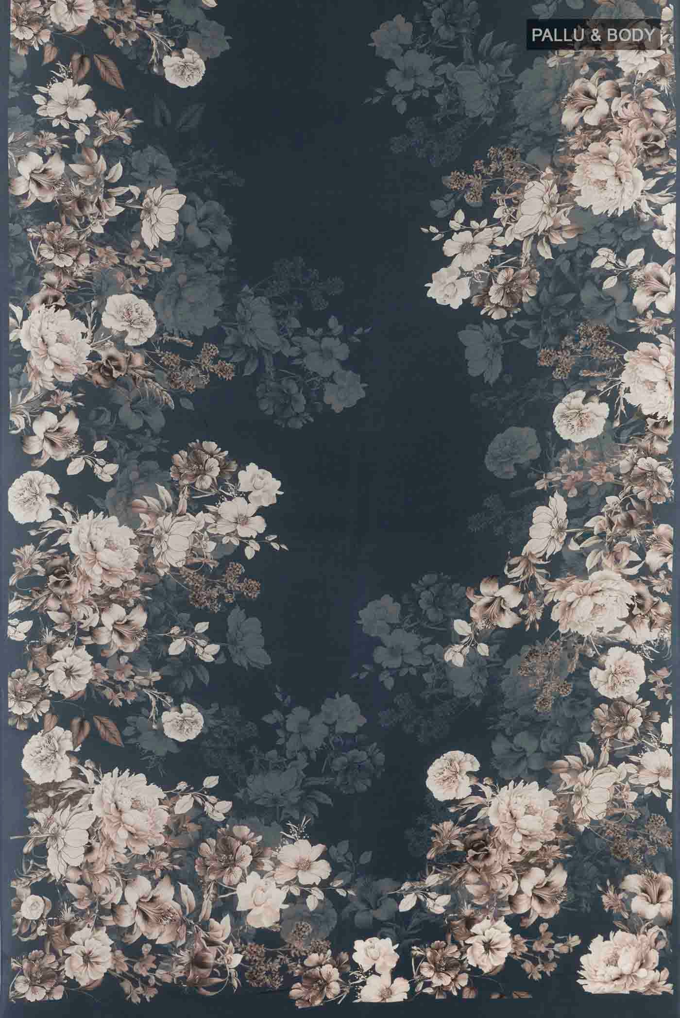 Flat view of Blue Mysore Crepe Saree with Floral Print on the body and Without Border