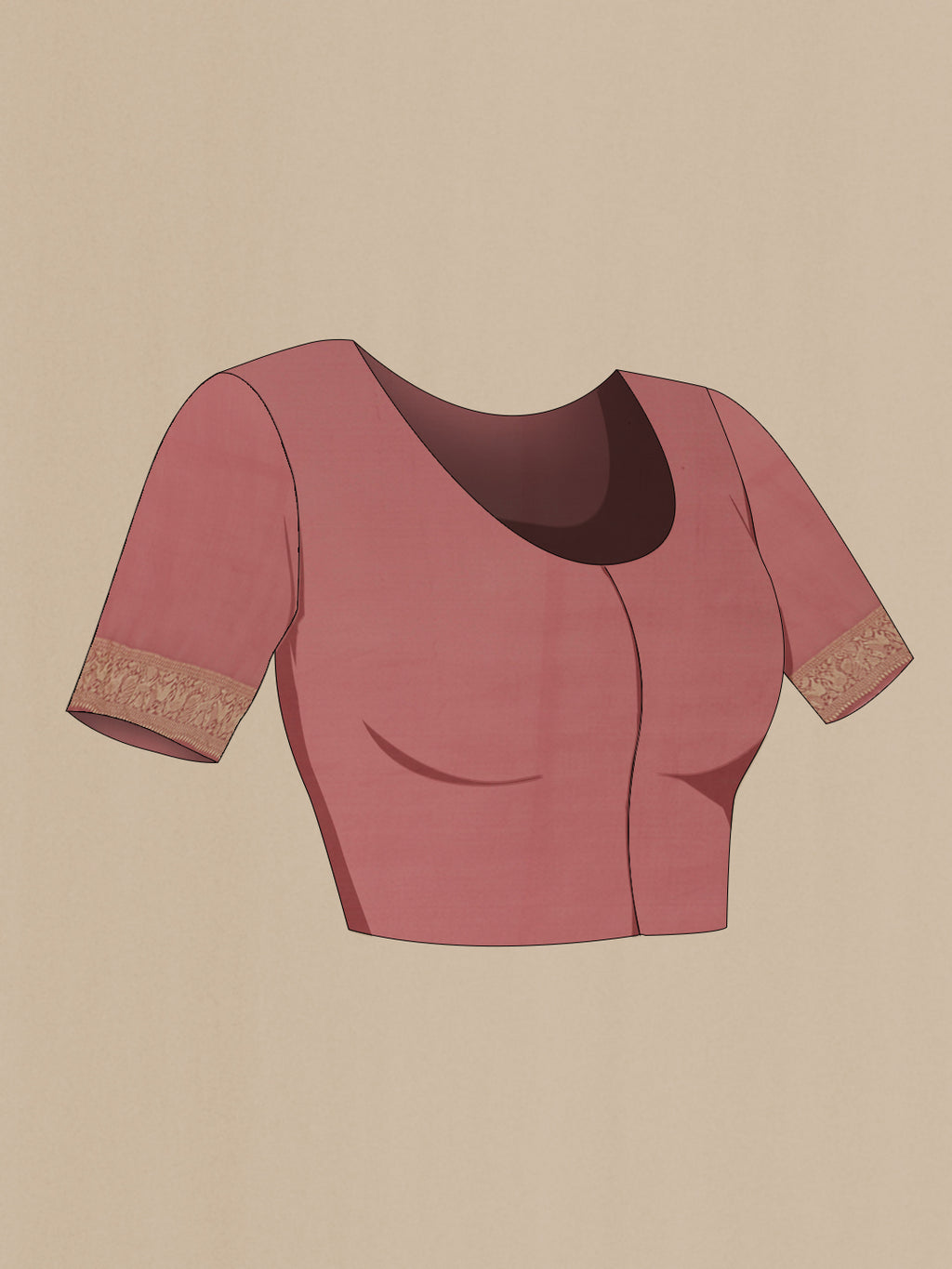 Close up image of the blouse of Rose Gold Banarasi Georgette Saree with Zari Brocade on the body and Zari Border. 