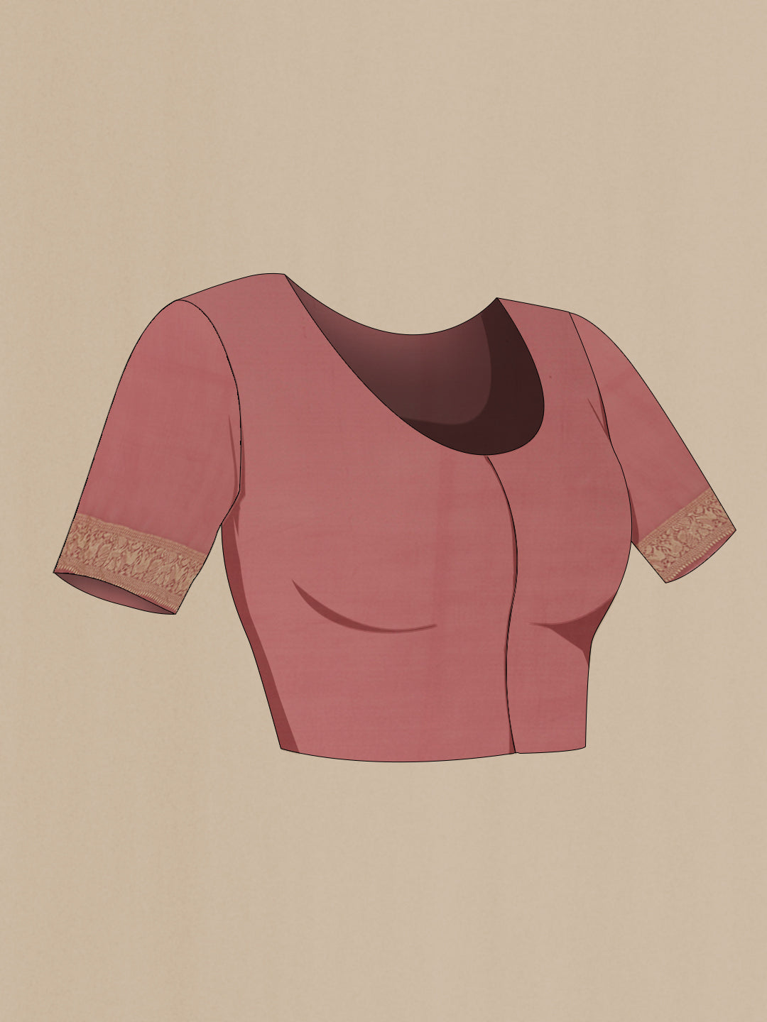 Close up image of the blouse of Rose Gold Banarasi Georgette Saree with Zari Brocade on the body and Zari Border. 
