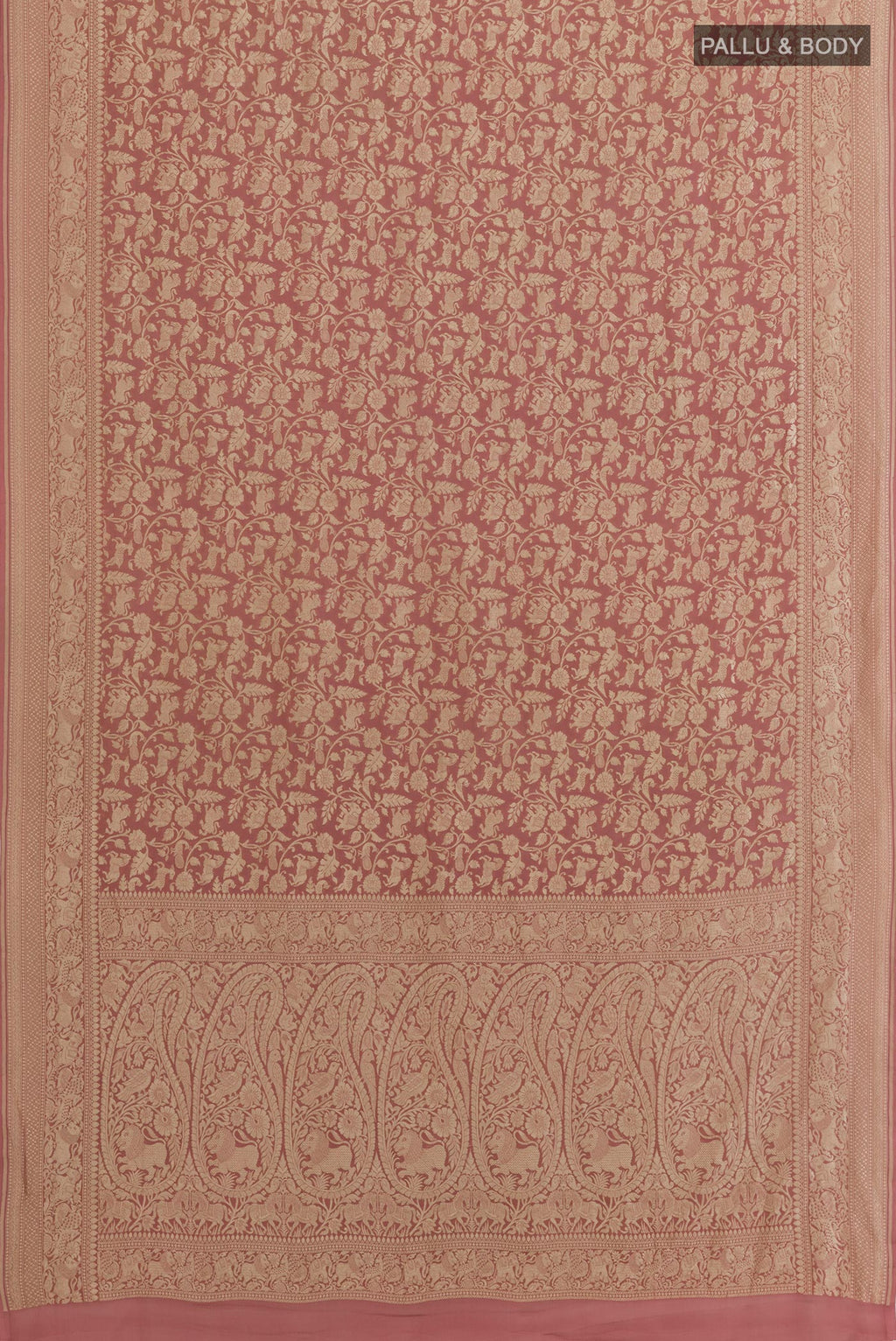 Flat view of Rose Gold Banarasi Georgette Saree with Zari Brocade on the body and Zari Border. 