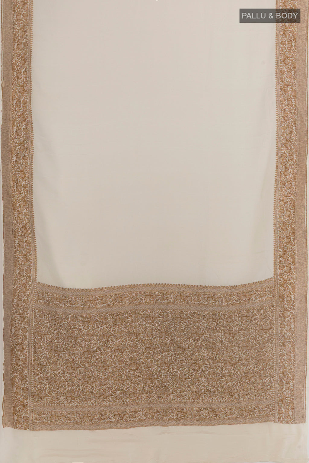 Flat view of Pure Silk Off White Mysore Crepe Saree with Plain Body and Zari Border. 