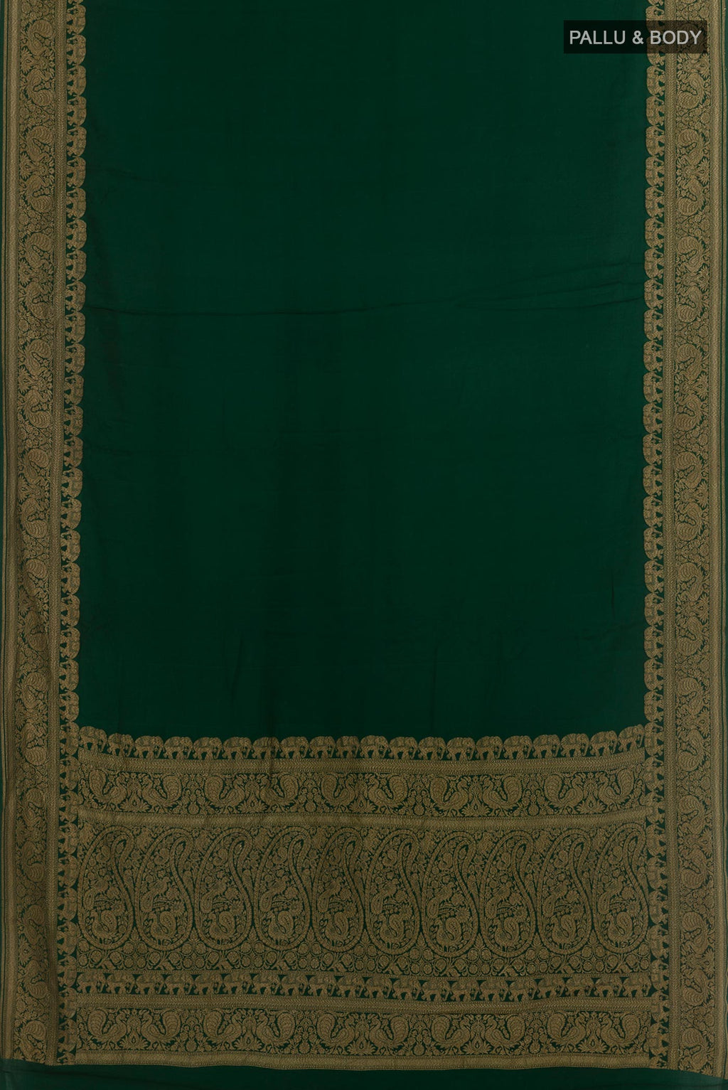Flat view of Green Crepe Saree with Plain Body and Zari Border. 