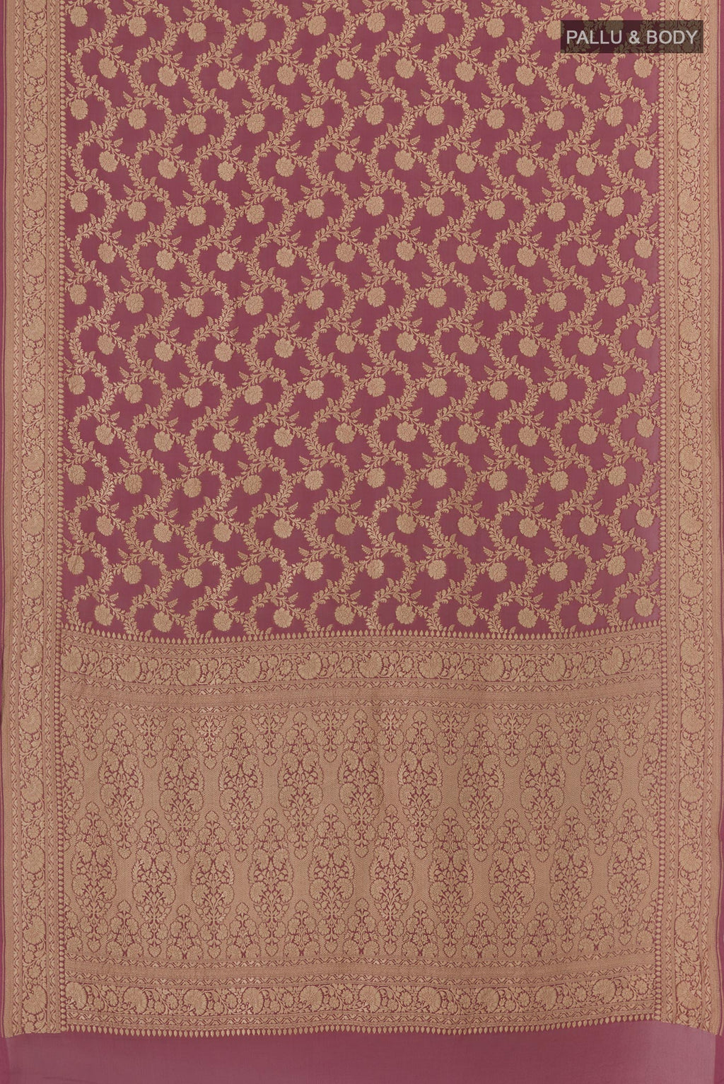 Flat view of Lavender Banarasi Georgette Saree with Zari Brocade on the body and Zari Border. 
