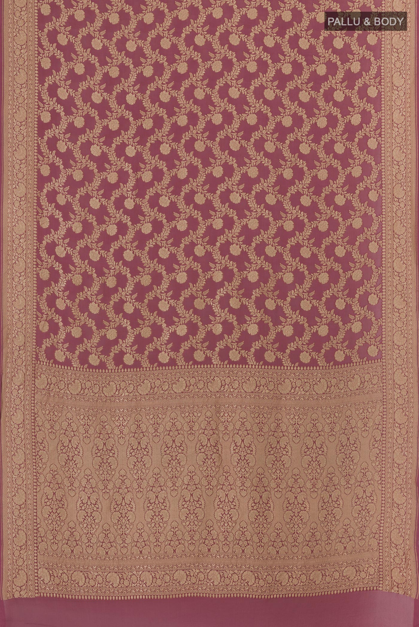Flat view of Lavender Banarasi Georgette Saree with Zari Brocade on the body and Zari Border. 