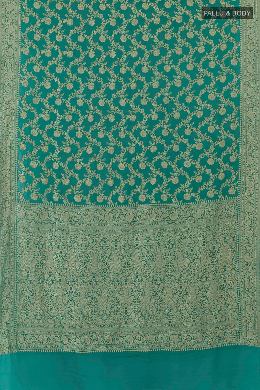 Flat view of Sea Green Banarasi Georgette Saree with Zari Brocade on the body and Zari Border. 