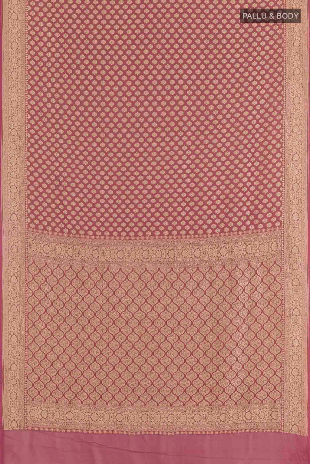 Flat view of Mauve Banarasi Georgette Saree with Zari Butta on the body and Zari Border