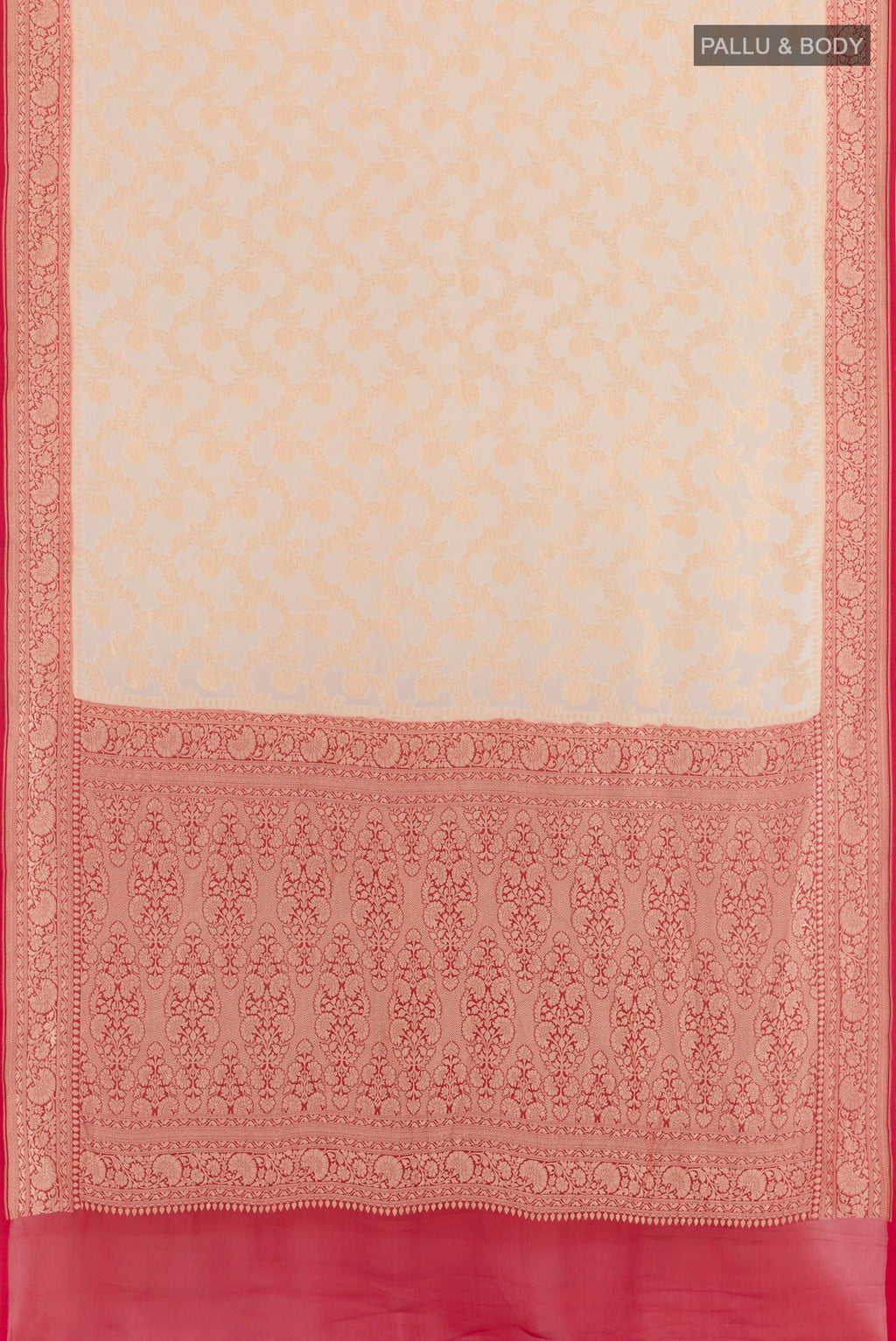 Flat view of Off White Banarasi Georgette Saree with Zari Brocade on the body and Zari Border. 