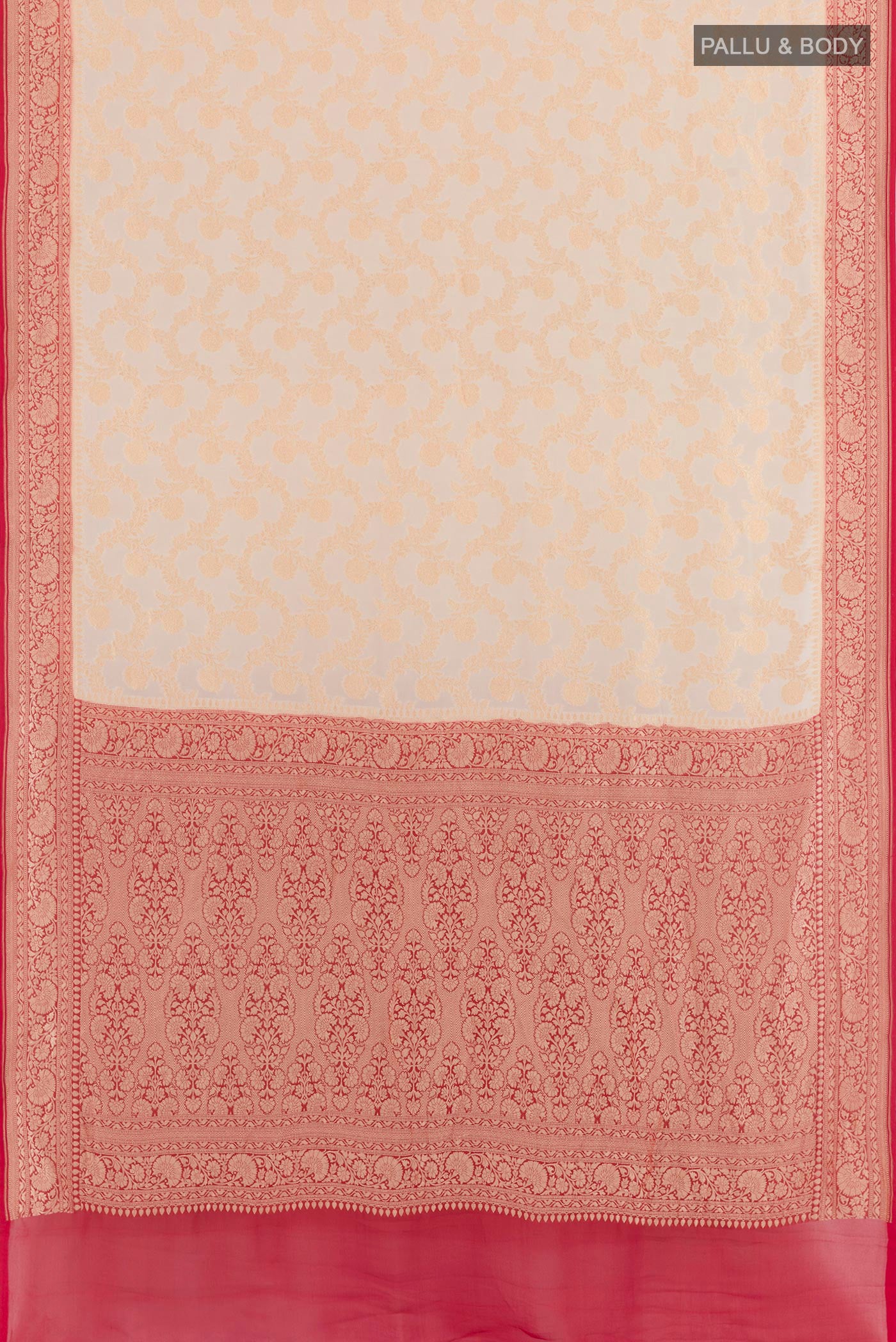 Flat view of Off White Banarasi Georgette Saree with Zari Brocade on the body and Zari Border. 