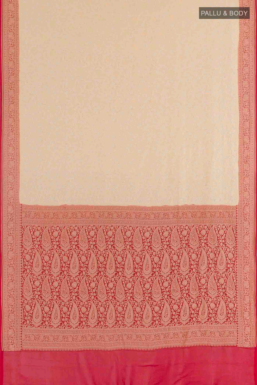 Flat view of Off White Banarasi Georgette Saree with Zari Brocade on the body and Zari Border