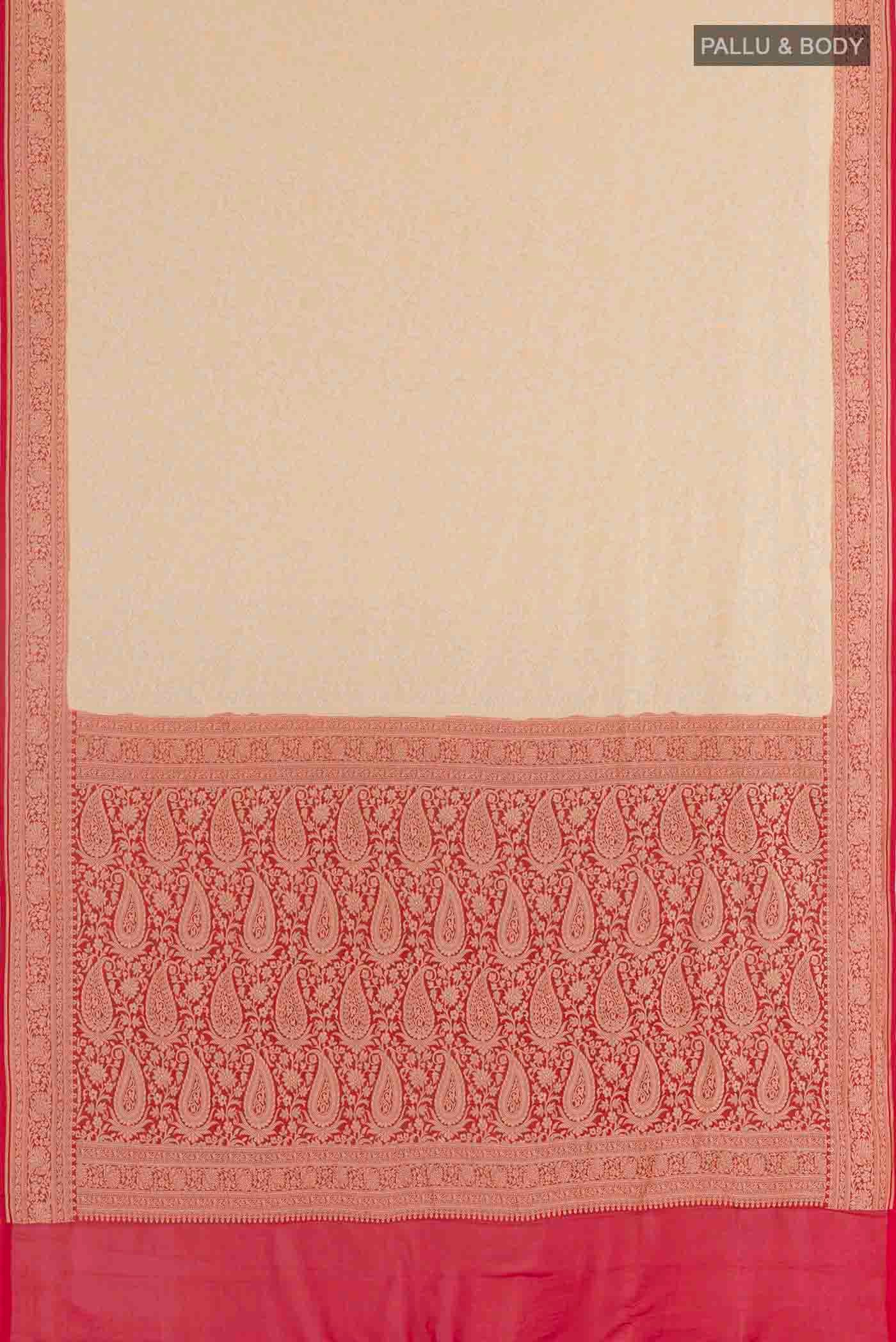 Flat view of Off White Banarasi Georgette Saree with Zari Brocade on the body and Zari Border