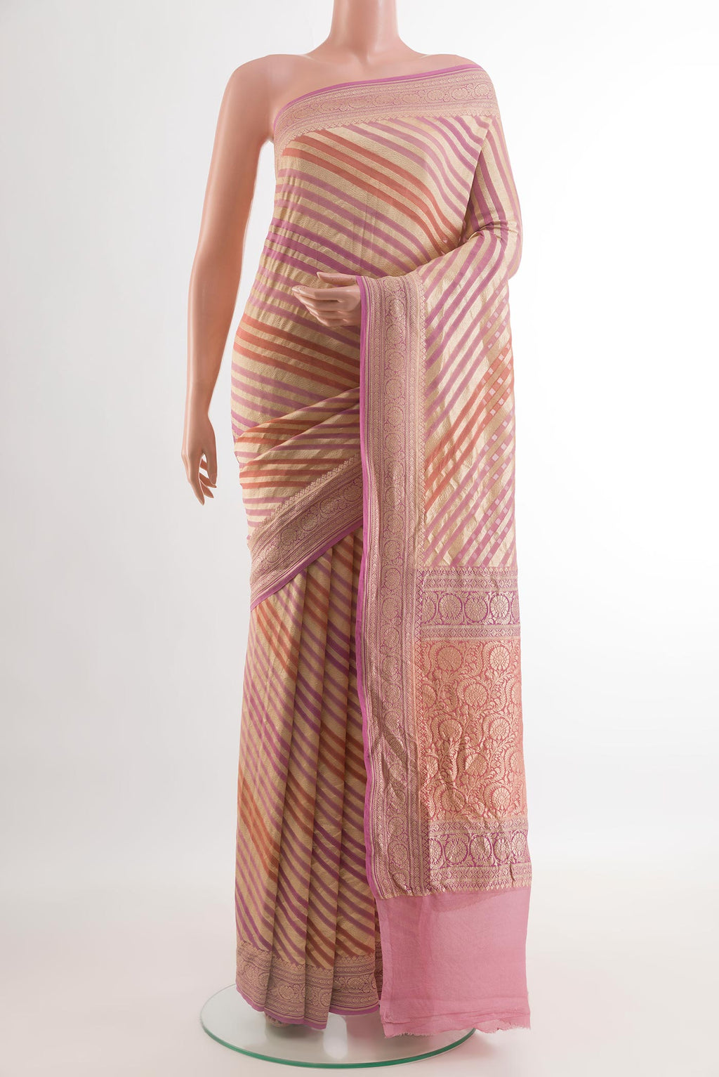 Multi Color Banarasi Georgette Saree with Stripes on the body and Zari Border.  displayed on a mannequin