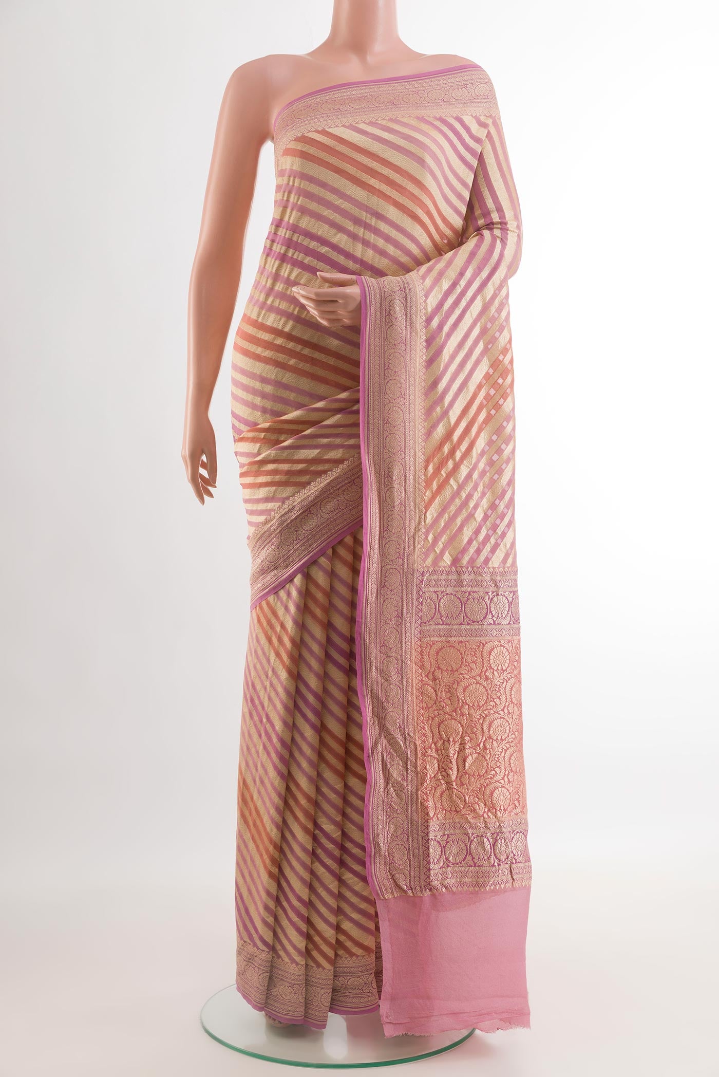Multi Color Banarasi Georgette Saree with Stripes on the body and Zari Border.  displayed on a mannequin