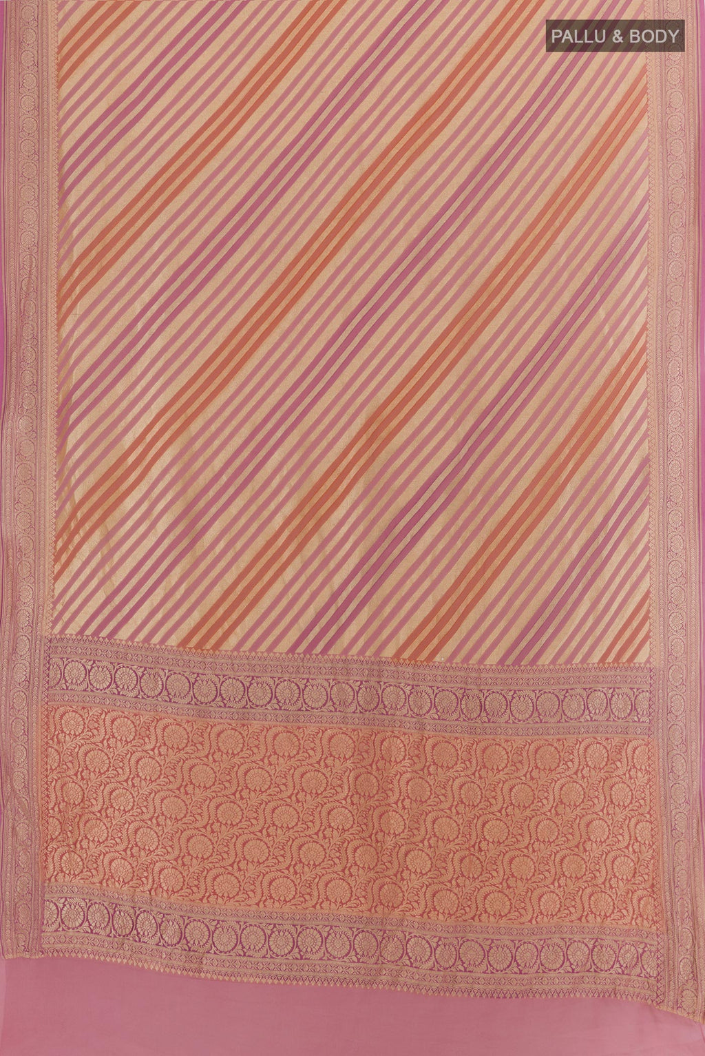 Flat view of Multi Color Banarasi Georgette Saree with Stripes on the body and Zari Border. 