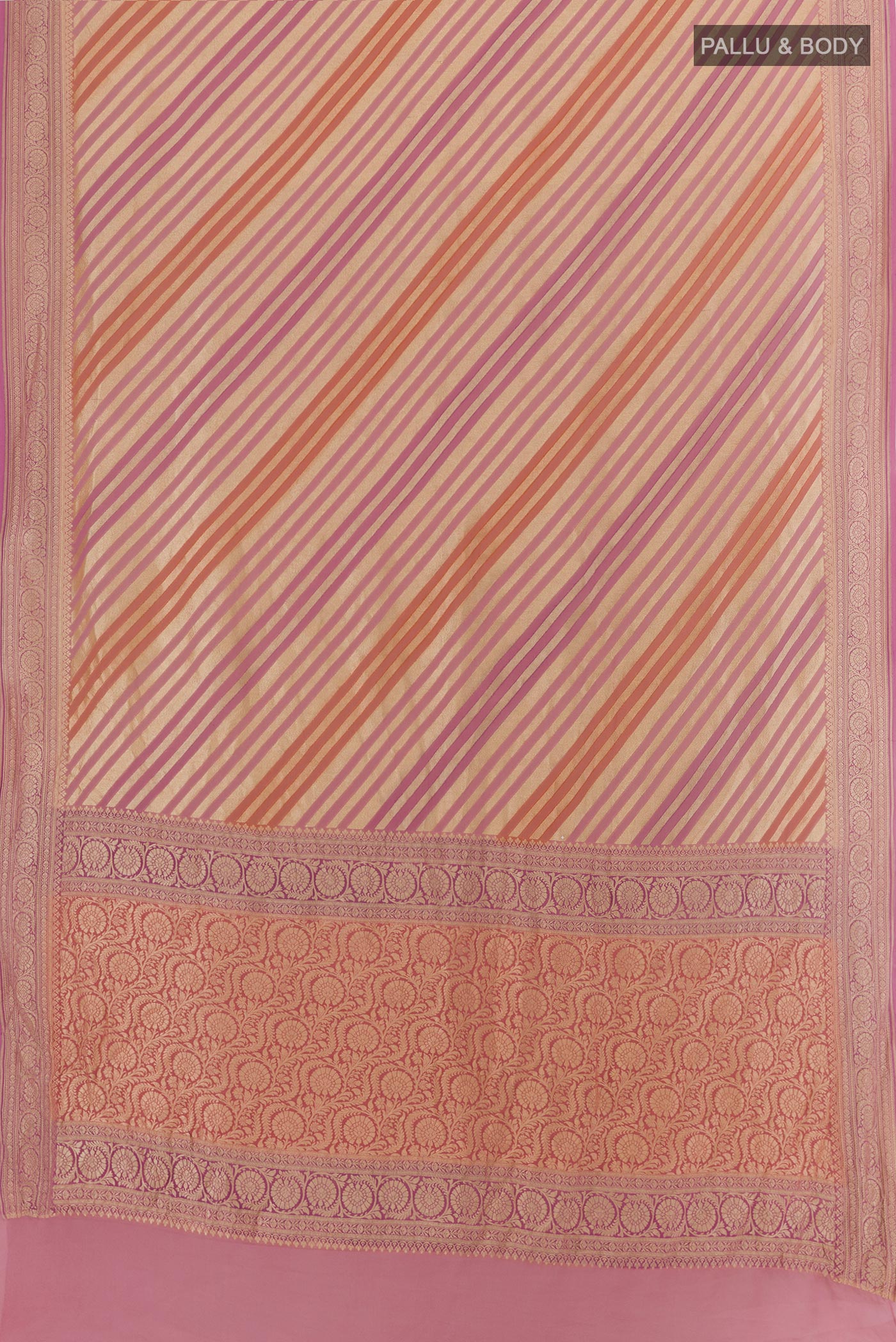 Flat view of Multi Color Banarasi Georgette Saree with Stripes on the body and Zari Border. 