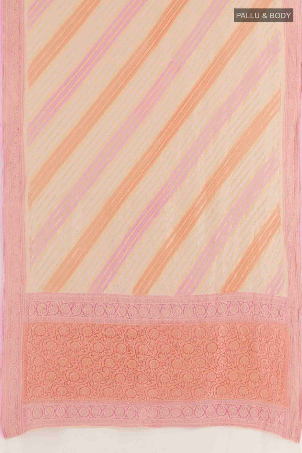 Flat view of Multi Color Banarasi Georgette Saree with Stripes on the body and Zari Border