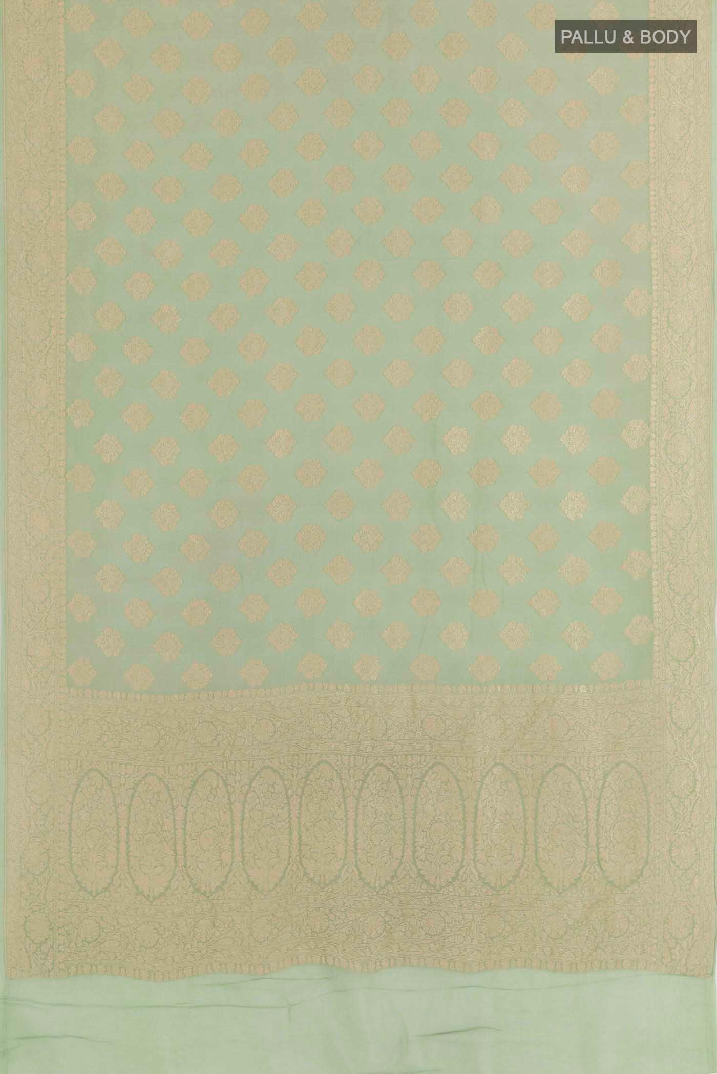 Flat view of Sage Green Banarasi Georgette Saree with Zari Butta on the body and Zari Border