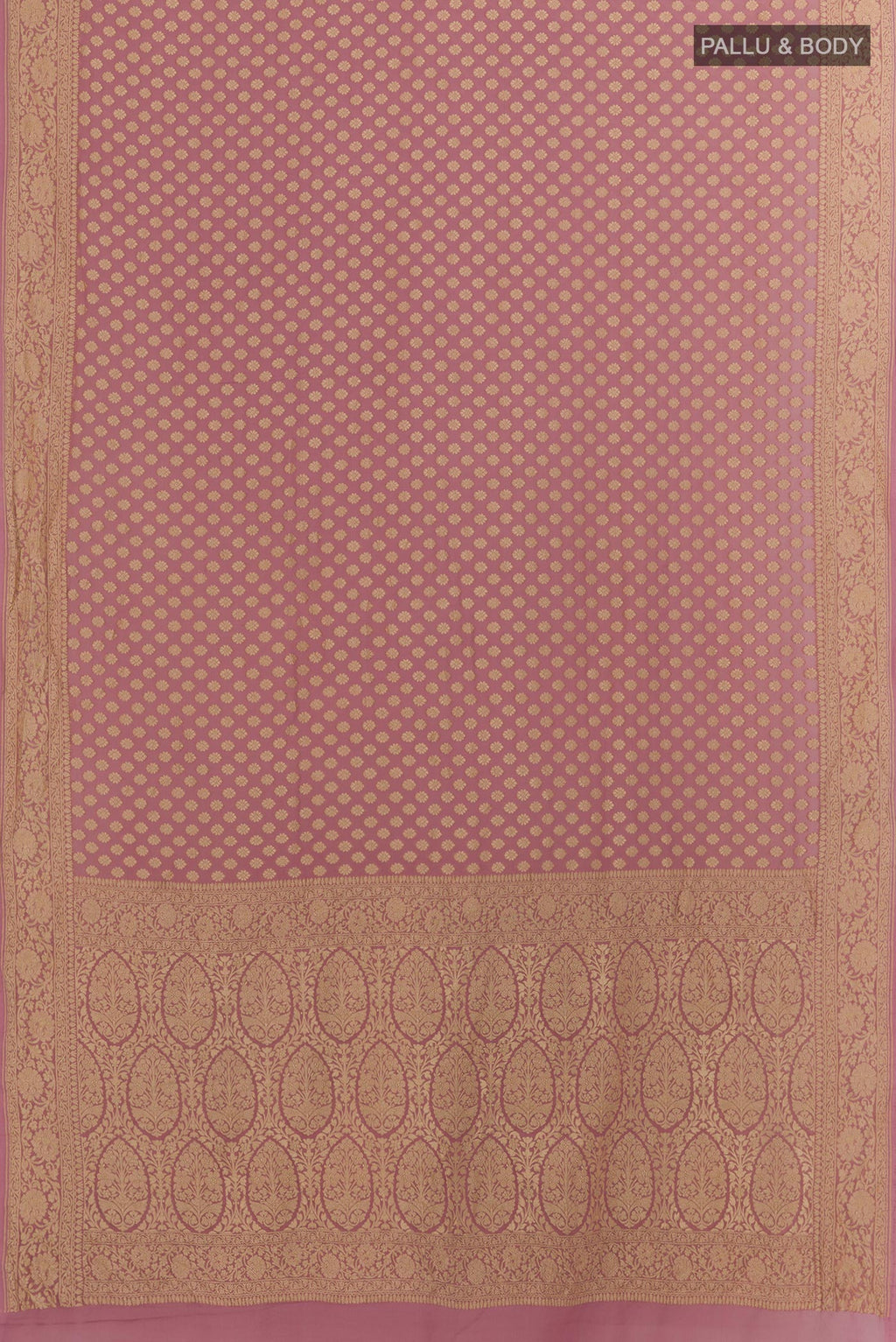 Flat view of Lavender Banarasi Georgette Saree with Zari Butta on the body and Zari Border. 