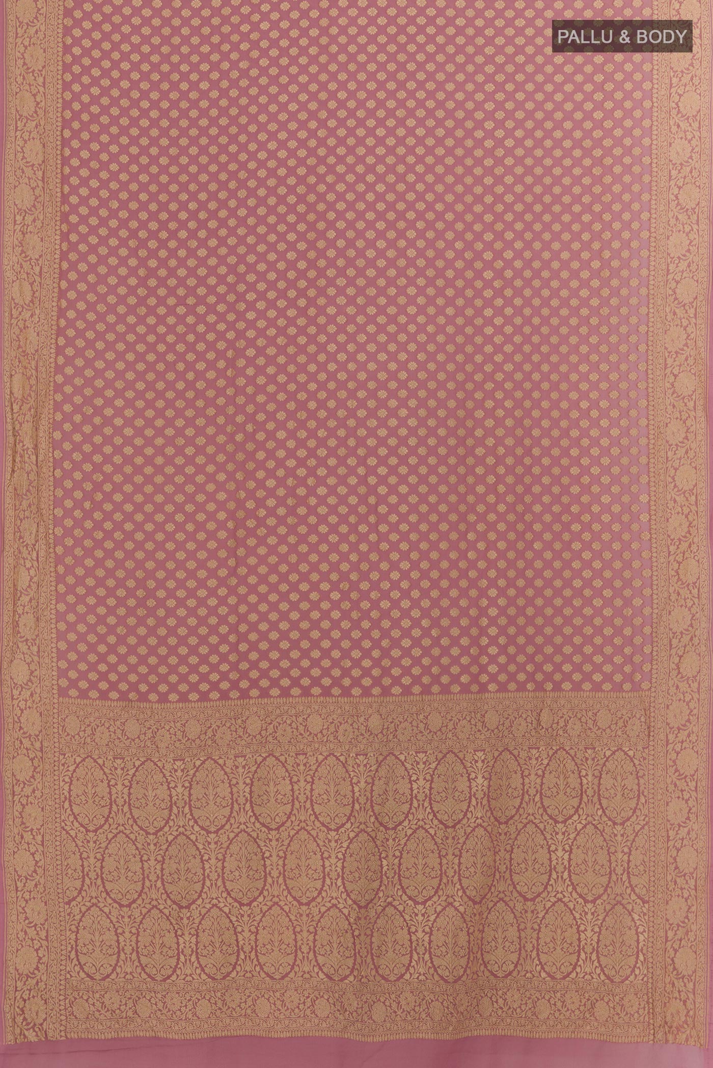 Flat view of Lavender Banarasi Georgette Saree with Zari Butta on the body and Zari Border. 