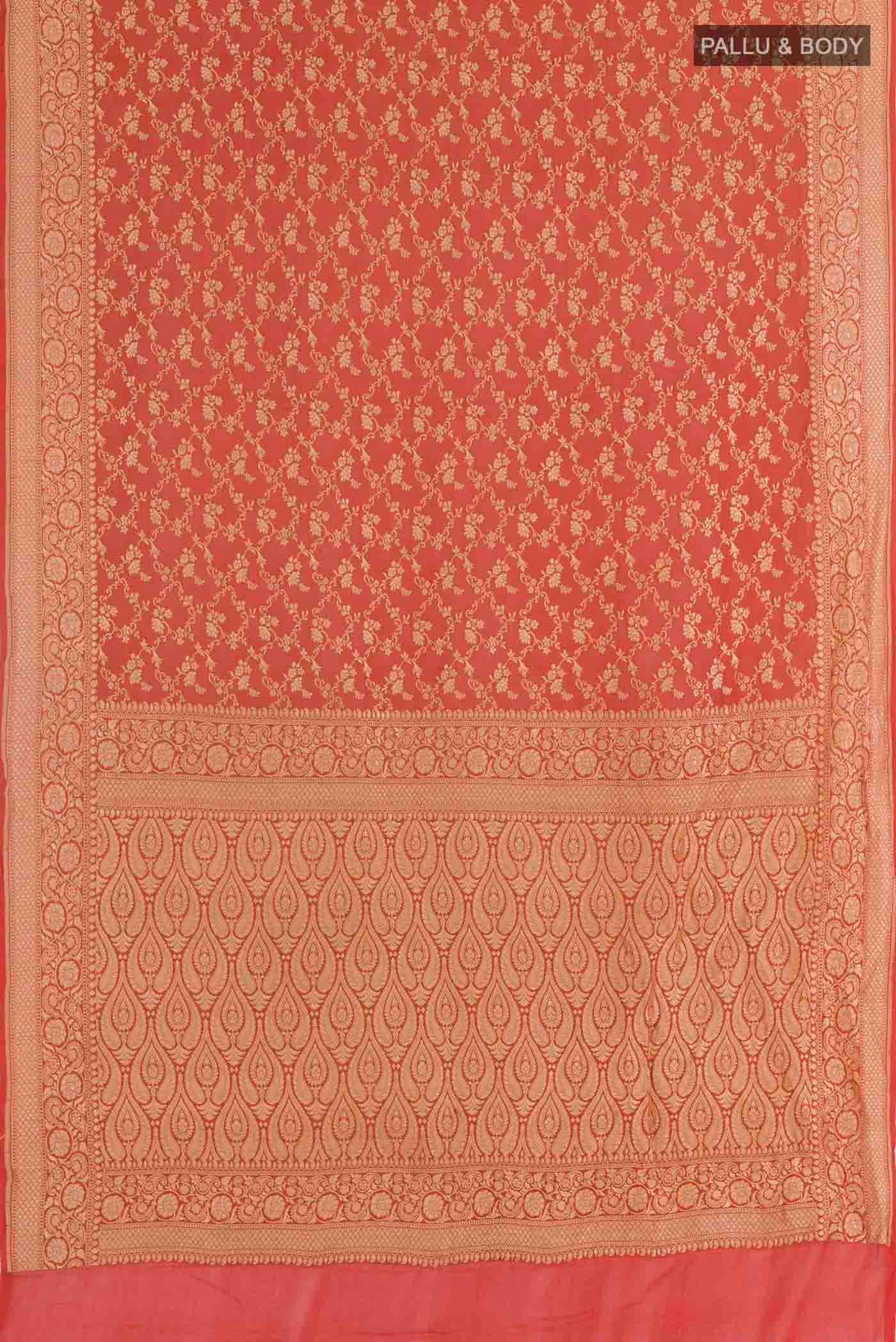 Flat view of Orange Banarasi Georgette Saree with Zari Brocade on the body and Zari Border