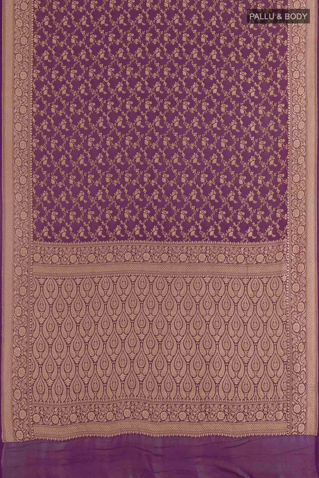 Flat view of Purple Banarasi Georgette Saree with Zari Brocade on the body and Zari Border