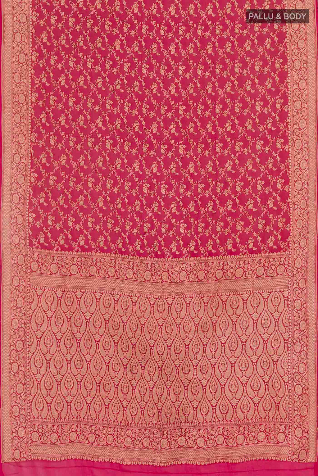 Flat view of Pink Banarasi Georgette Saree with Zari Brocade on the body and Plain Border