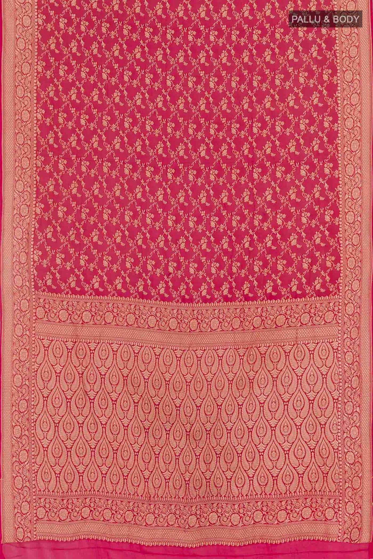 Flat view of Pink Banarasi Georgette Saree with Zari Brocade on the body and Plain Border