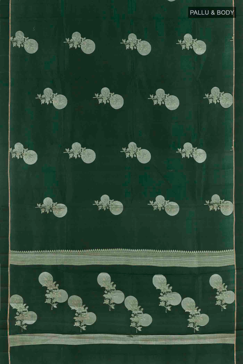 Flat view of Bottle Green Banarasi Raw Silk Saree with Zari Butta on the body and Thin Zari Line
