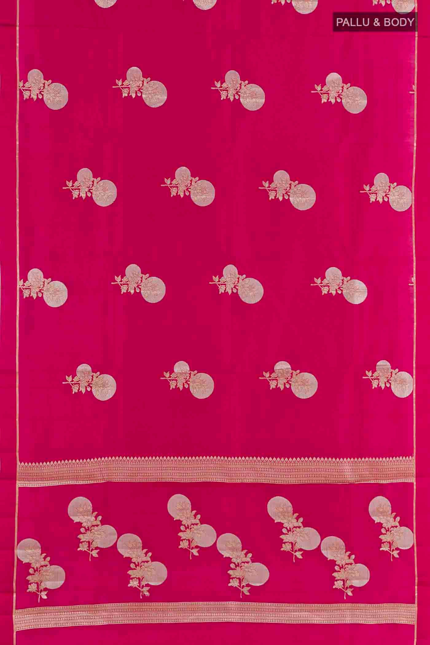 Flat view of Rani Pink Banarasi Raw Silk Saree with Zari Butta on the body and Thin Zari Line