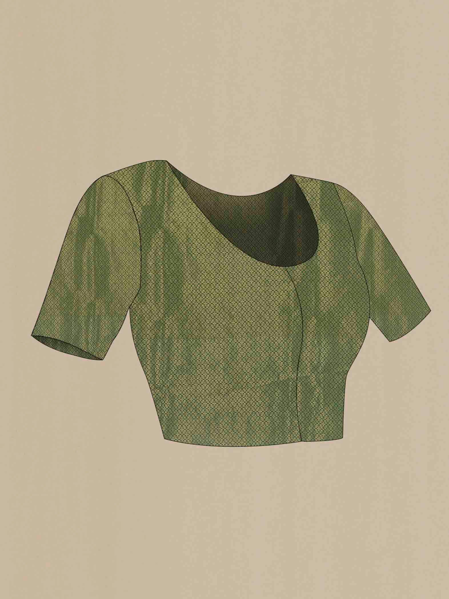 Close up image of the blouse of Bottle Green Banarasi Katan Silk Saree with Zari Butta on the body and Satin Border