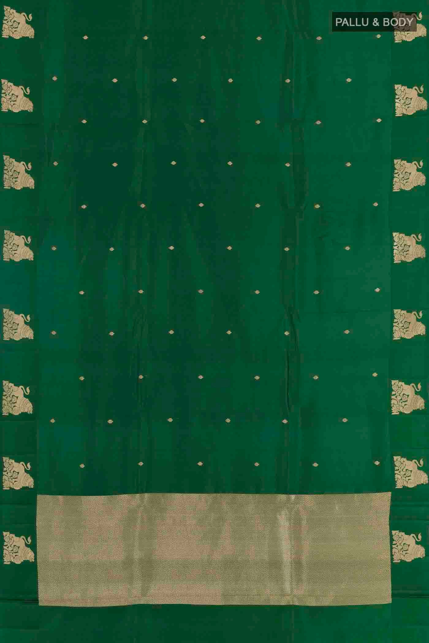Flat view of Bottle Green Banarasi Katan Silk Saree with Zari Butta on the body and Satin Border