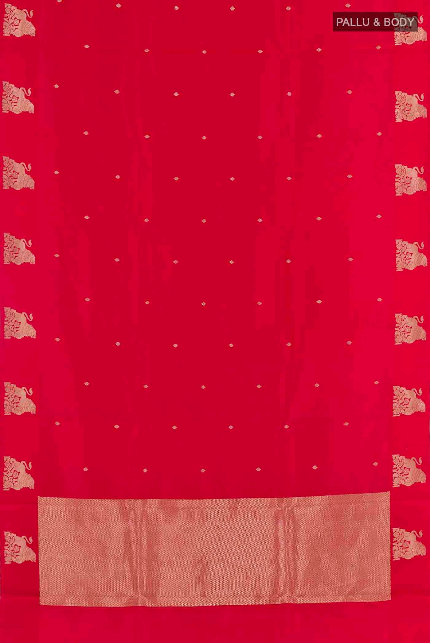 Flat view of Red Banarasi Katan Silk Saree with Zari Butta on the body and Satin Border
