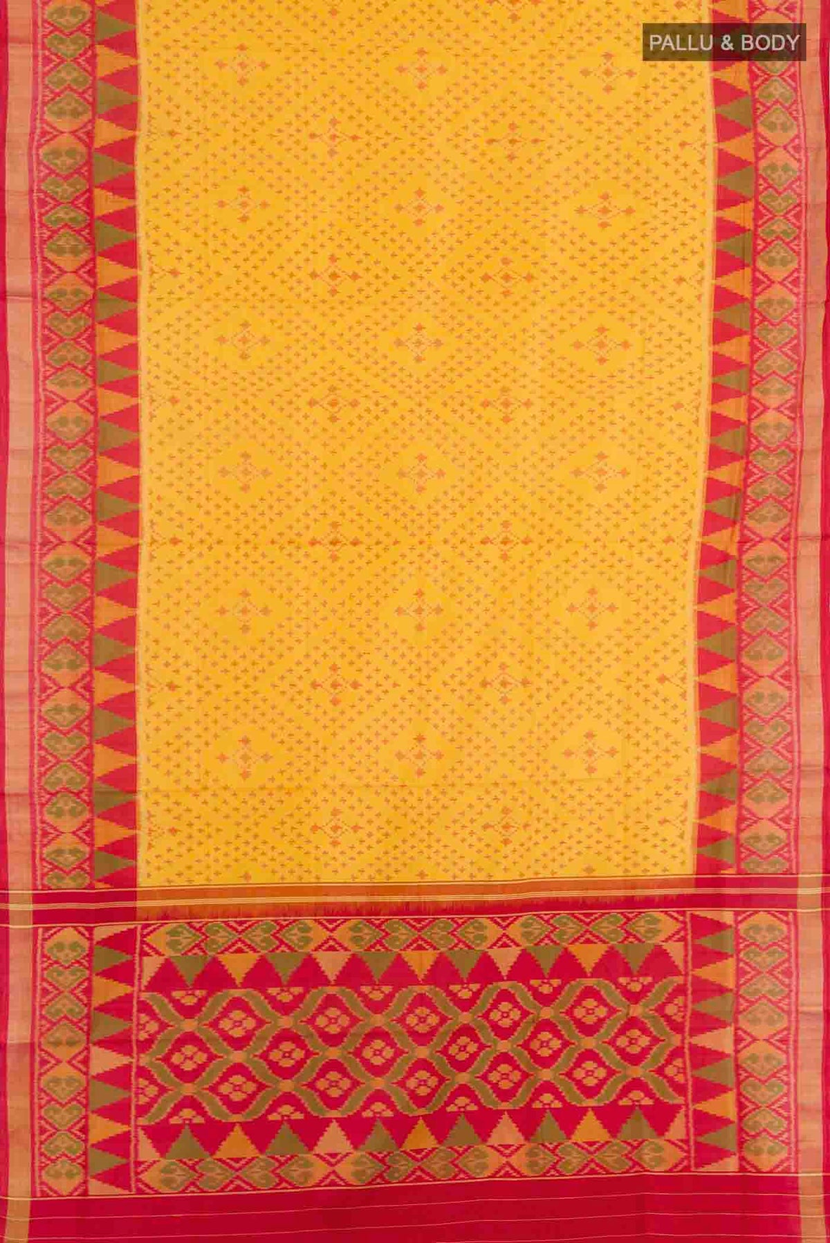 Flat view of Yellow Rajkot Patola Silk Saree with Ikat design on the body and Zari Border