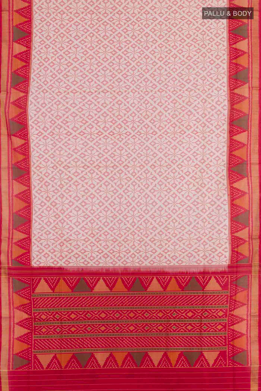 Flat view of Off White Rajkot Patola Silk Saree with Ikat design on the body and Zari Border