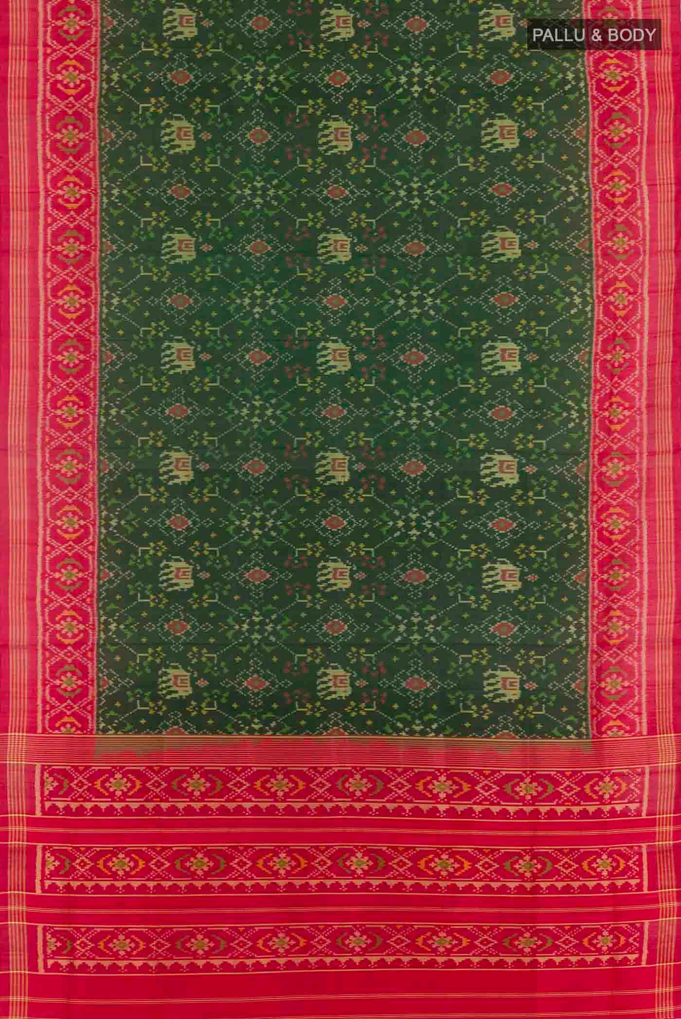 Flat view of Green Rajkot Patola Silk Saree with Ikat design on the body and Zari Border