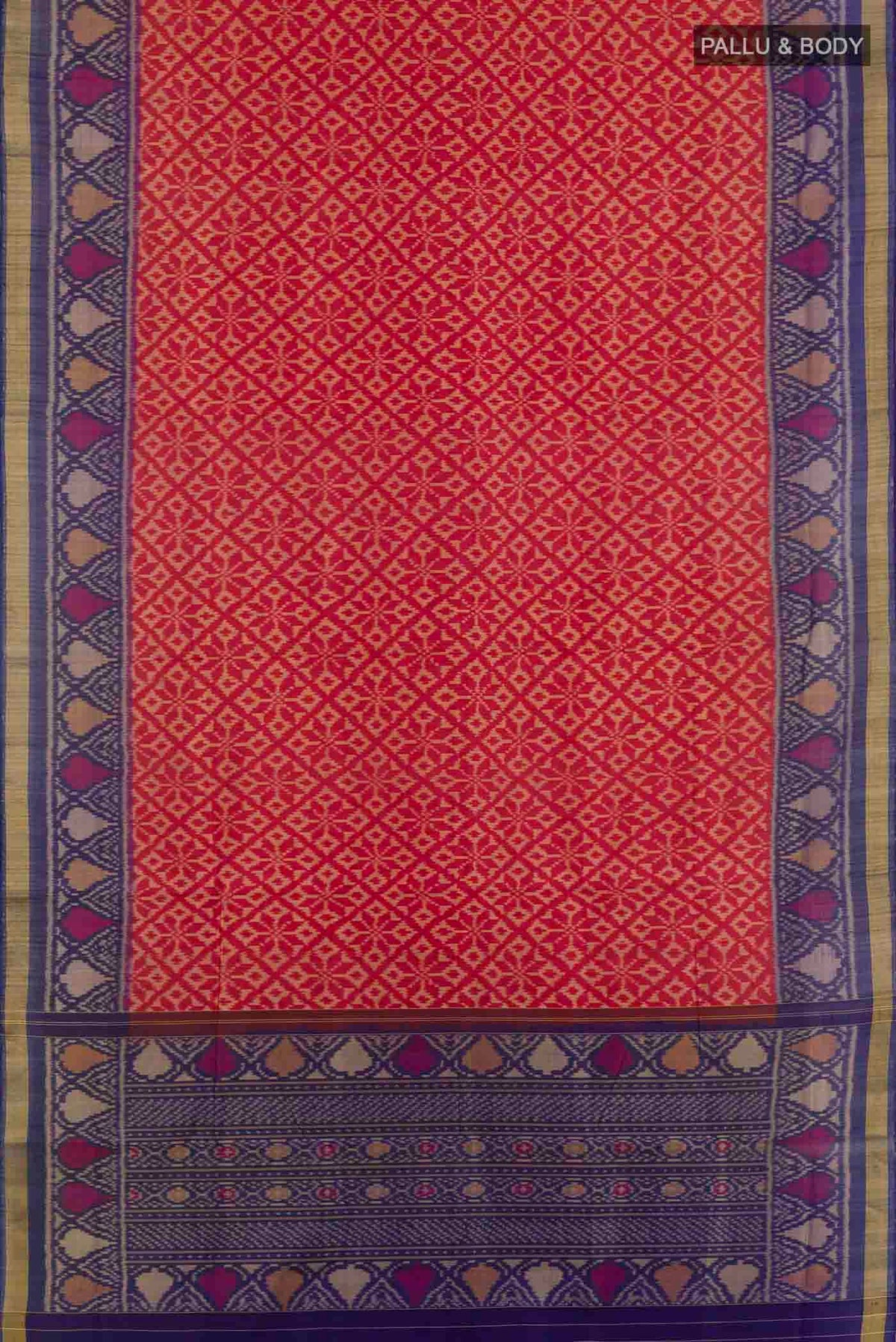 Flat view of Red Rajkot Patola Silk Saree with Ikat design on the body and Zari Border